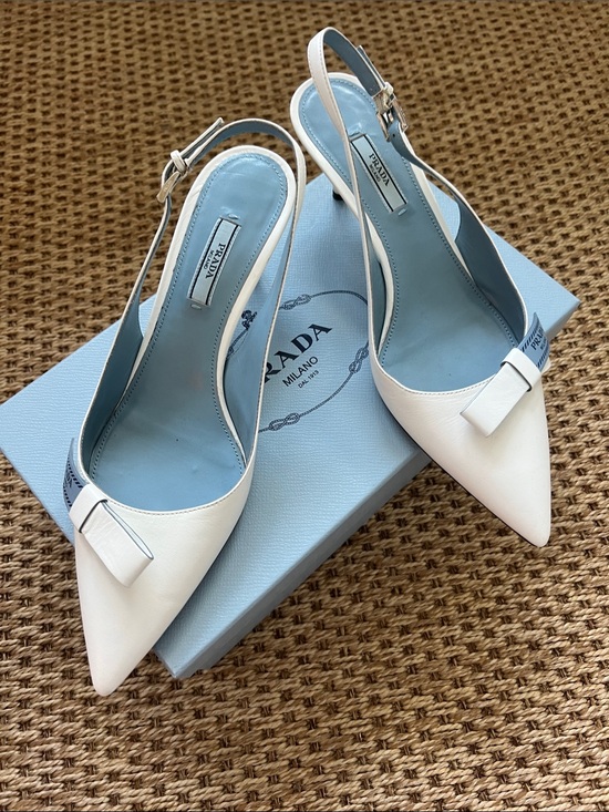 Prada Shoes - Prada White Leather Pointed Slingback Kitten Heels with Blue Prada Bow!